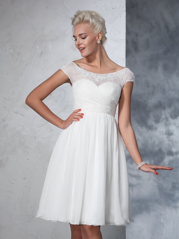 A-Line/Princess Sheer Neck Ruched Short Sleeves Short Chiffon Wedding Dresses 1806