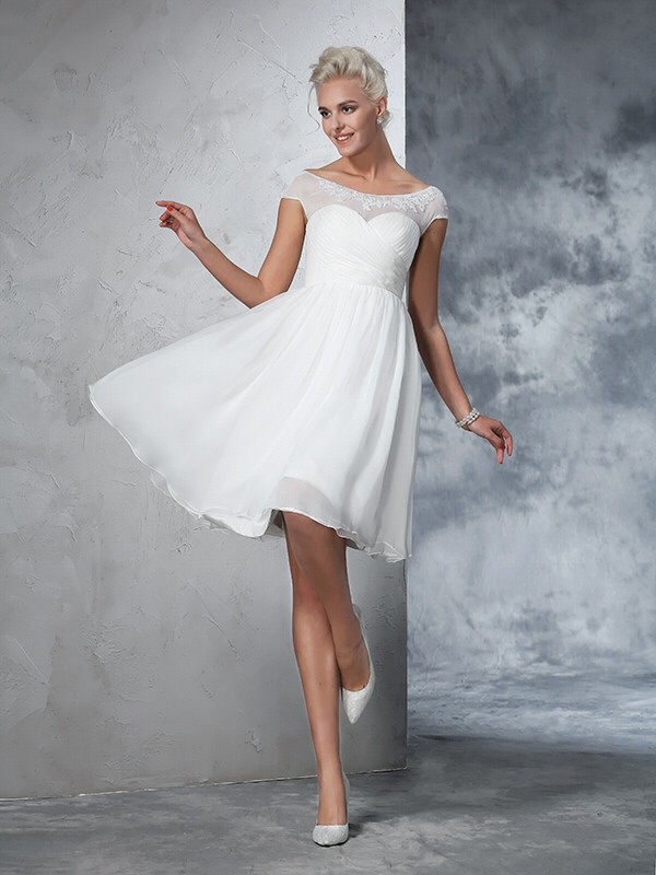 A-Line/Princess Sheer Neck Ruched Short Sleeves Short Chiffon Wedding Dresses 1806