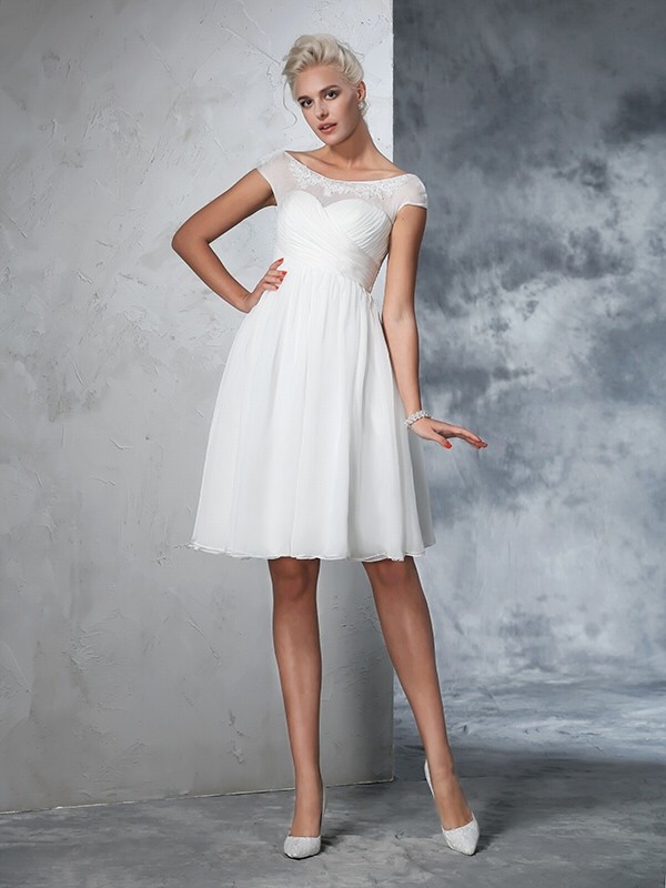 A-Line/Princess Sheer Neck Ruched Short Sleeves Short Chiffon Wedding Dresses 1806