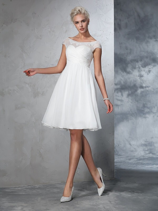 A-Line/Princess Sheer Neck Ruched Short Sleeves Short Chiffon Wedding Dresses 1806