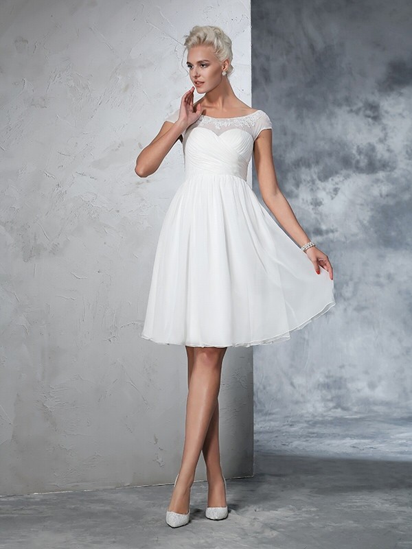 A-Line/Princess Sheer Neck Ruched Short Sleeves Short Chiffon Wedding Dresses 1806