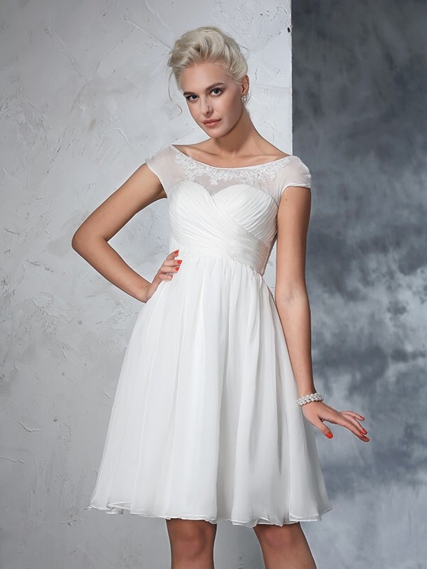 A-Line/Princess Sheer Neck Ruched Short Sleeves Short Chiffon Wedding Dresses 1806