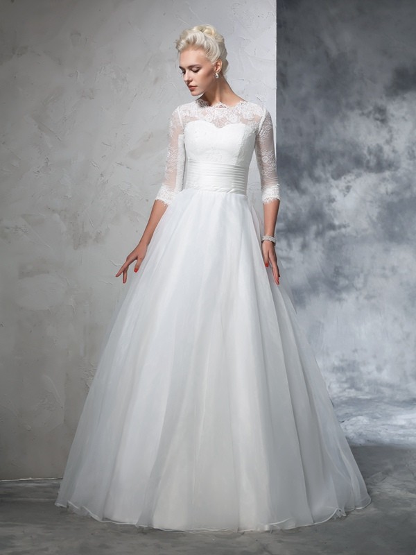 Ball Gown Jewel Applique 3/4 Sleeves Long Organza Wedding Dresses 1897