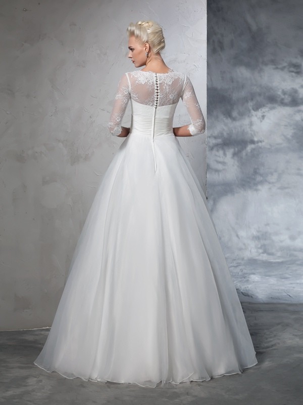 Ball Gown Jewel Applique 3/4 Sleeves Long Organza Wedding Dresses 1897