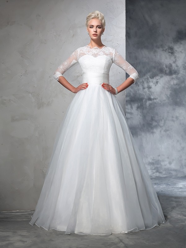 Ball Gown Jewel Applique 3/4 Sleeves Long Organza Wedding Dresses 1897