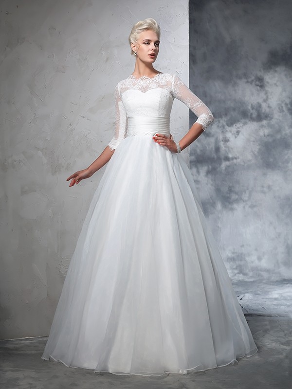 Ball Gown Jewel Applique 3/4 Sleeves Long Organza Wedding Dresses 1897