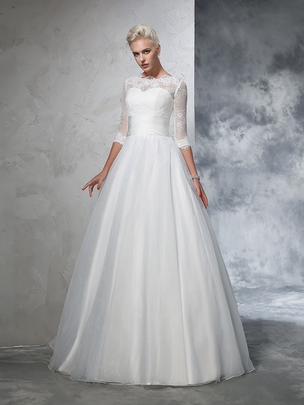 Ball Gown Jewel Applique 3/4 Sleeves Long Organza Wedding Dresses 1897