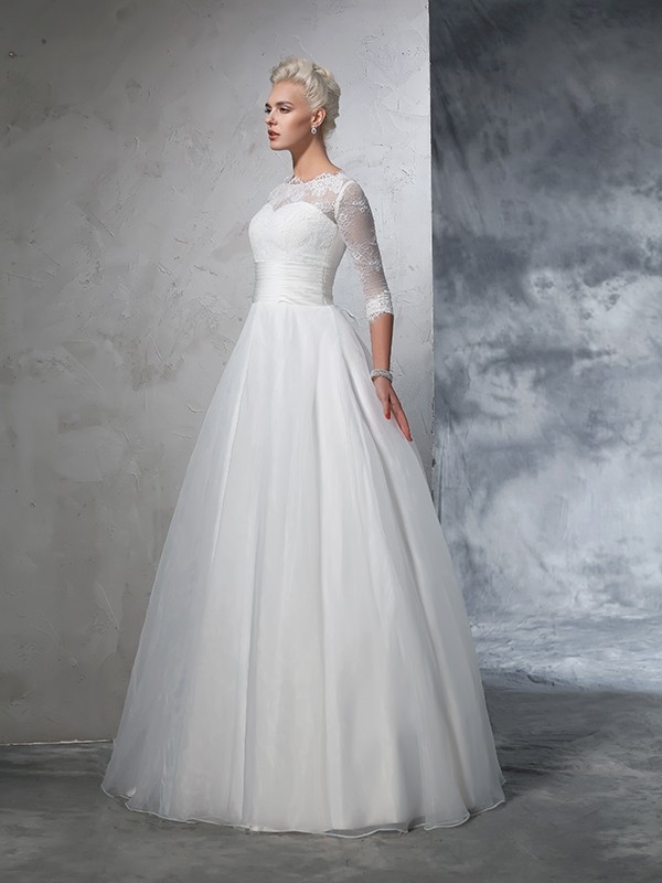 Ball Gown Jewel Applique 3/4 Sleeves Long Organza Wedding Dresses 1897