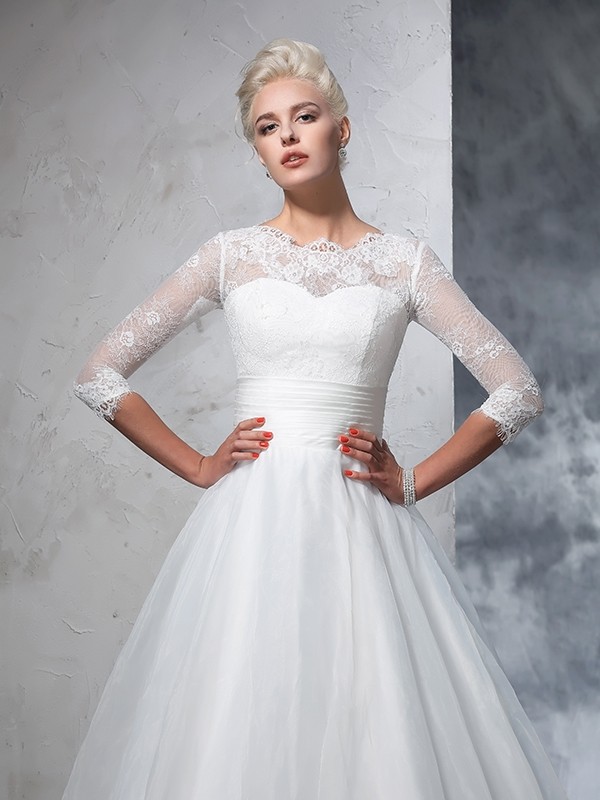 Ball Gown Jewel Applique 3/4 Sleeves Long Organza Wedding Dresses 1897