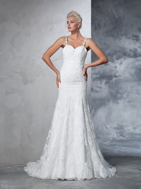 Trumpet/Mermaid Spaghetti Straps Lace Sleeveless Long Lace Wedding Dresses 2013