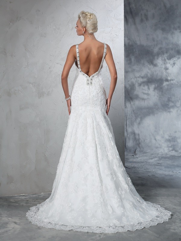 Trumpet/Mermaid Spaghetti Straps Lace Sleeveless Long Lace Wedding Dresses 2013