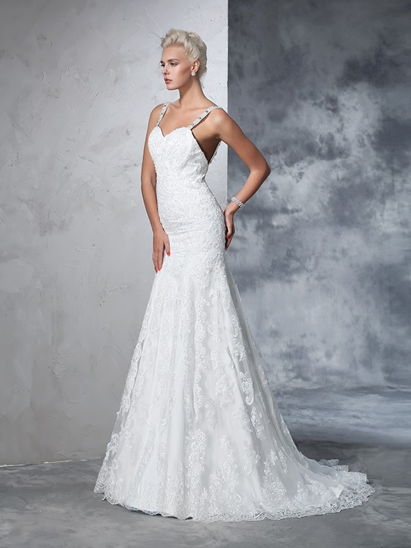 Trumpet/Mermaid Spaghetti Straps Lace Sleeveless Long Lace Wedding Dresses 2013