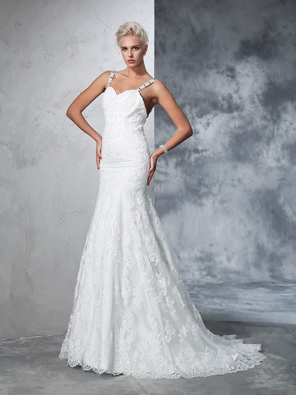 Trumpet/Mermaid Spaghetti Straps Lace Sleeveless Long Lace Wedding Dresses 2013