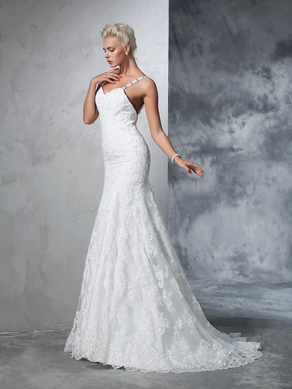 Trumpet/Mermaid Spaghetti Straps Lace Sleeveless Long Lace Wedding Dresses 2013