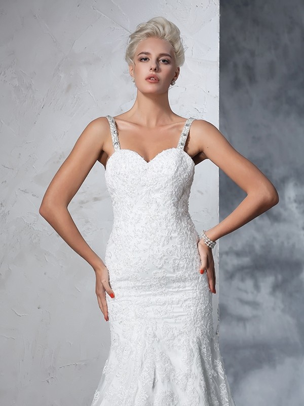 Trumpet/Mermaid Spaghetti Straps Lace Sleeveless Long Lace Wedding Dresses 2013