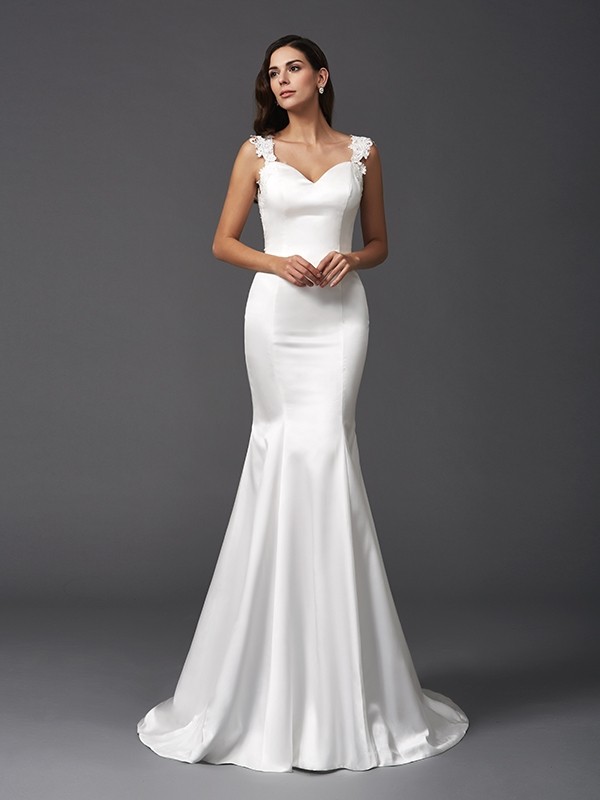 Trumpet/Mermaid Straps Beading Sleeveless Long Satin Wedding Dresses 1675