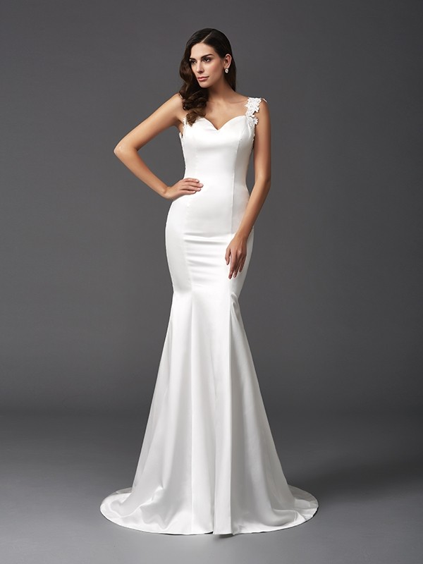 Trumpet/Mermaid Straps Beading Sleeveless Long Satin Wedding Dresses 1675