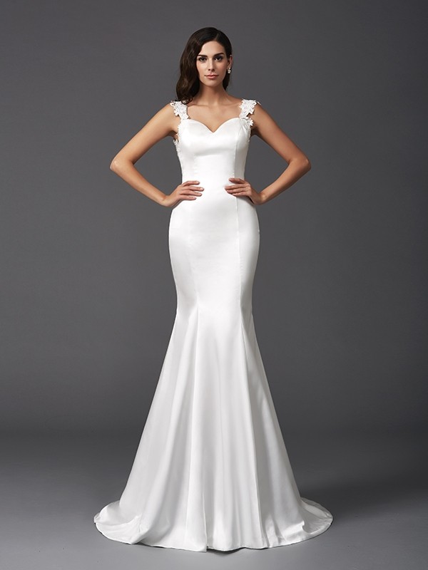 Trumpet/Mermaid Straps Beading Sleeveless Long Satin Wedding Dresses 1675