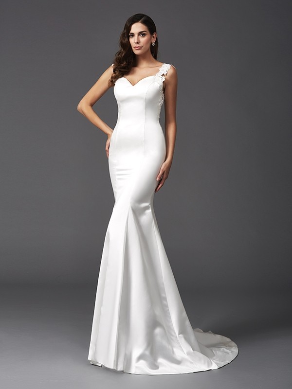 Trumpet/Mermaid Straps Beading Sleeveless Long Satin Wedding Dresses 1675