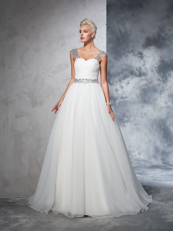 Ball Gown Straps Ruched Sleeveless Long Net Wedding Dresses 1271