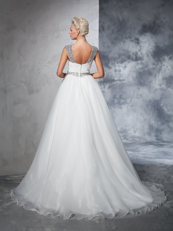 Ball Gown Straps Ruched Sleeveless Long Net Wedding Dresses 1271