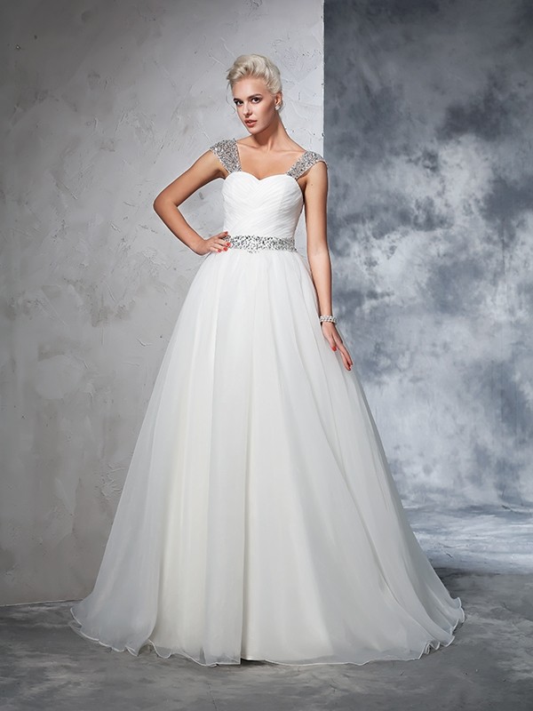 Ball Gown Straps Ruched Sleeveless Long Net Wedding Dresses 1271