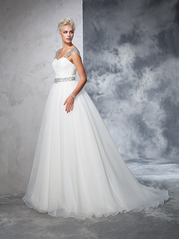 Ball Gown Straps Ruched Sleeveless Long Net Wedding Dresses 1271