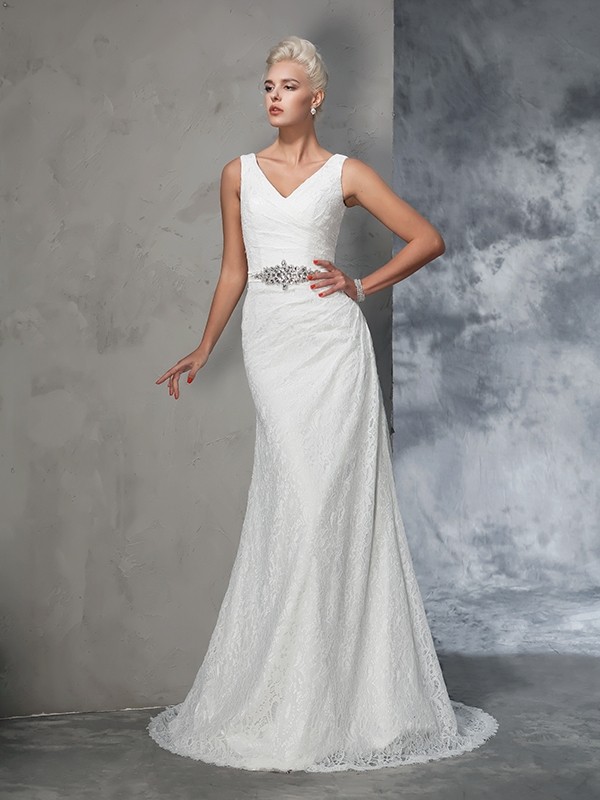 Trumpet/Mermaid V-neck Lace Sleeveless Long Lace Wedding Dresses 2047