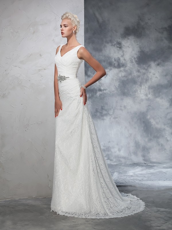 Trumpet/Mermaid V-neck Lace Sleeveless Long Lace Wedding Dresses 2047