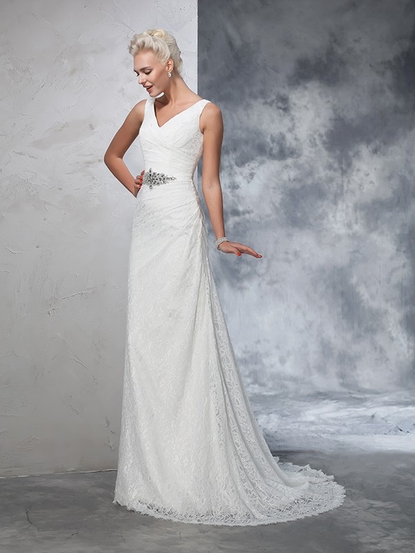 Trumpet/Mermaid V-neck Lace Sleeveless Long Lace Wedding Dresses 2047