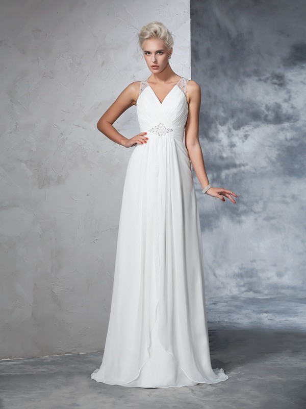 A-Line/Princess V-neck Ruched Sleeveless Long Chiffon Wedding Dresses 1874