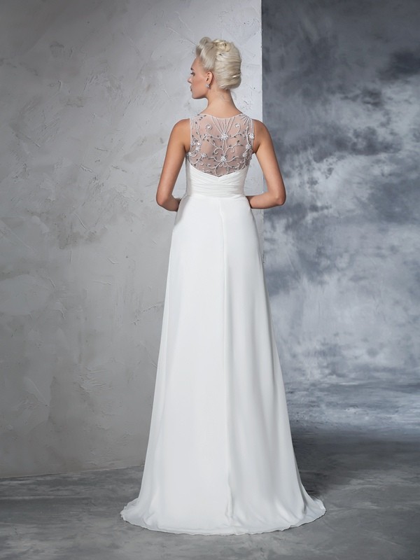 A-Line/Princess V-neck Ruched Sleeveless Long Chiffon Wedding Dresses 1874