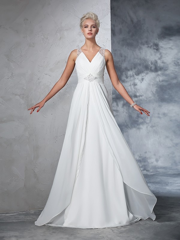 A-Line/Princess V-neck Ruched Sleeveless Long Chiffon Wedding Dresses 1874