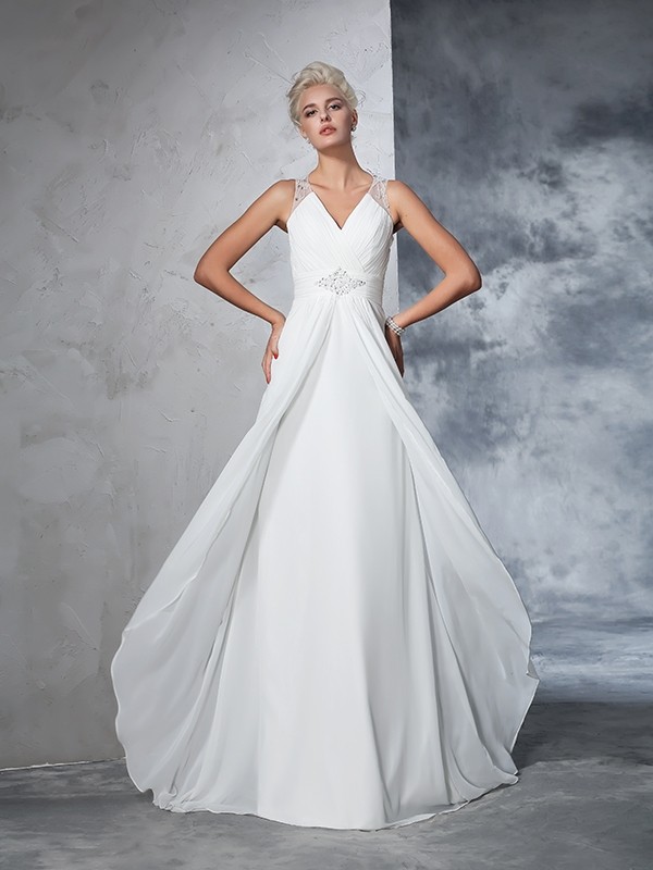 A-Line/Princess V-neck Ruched Sleeveless Long Chiffon Wedding Dresses 1874