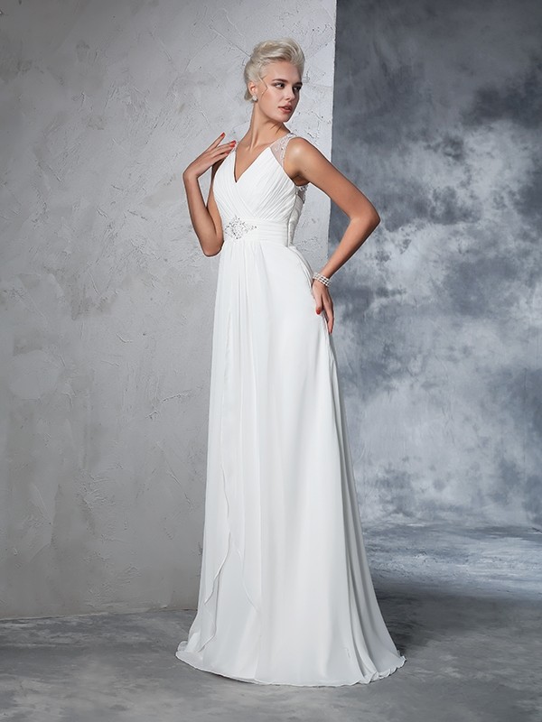 A-Line/Princess V-neck Ruched Sleeveless Long Chiffon Wedding Dresses 1874