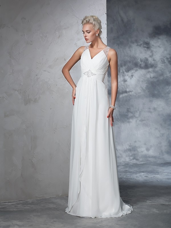 A-Line/Princess V-neck Ruched Sleeveless Long Chiffon Wedding Dresses 1874