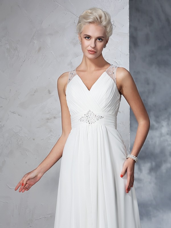 A-Line/Princess V-neck Ruched Sleeveless Long Chiffon Wedding Dresses 1874