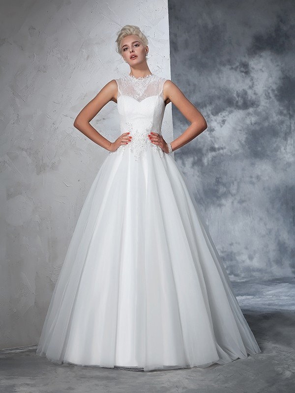 Ball Gown High Neck Applique Sleeveless Long Net Wedding Dresses 1896