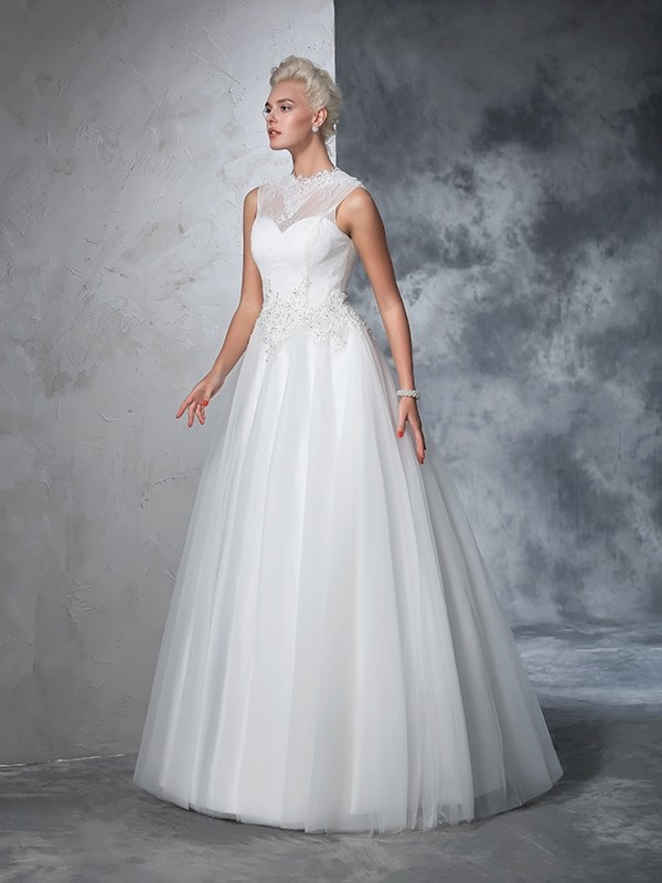 Ball Gown High Neck Applique Sleeveless Long Net Wedding Dresses 1896