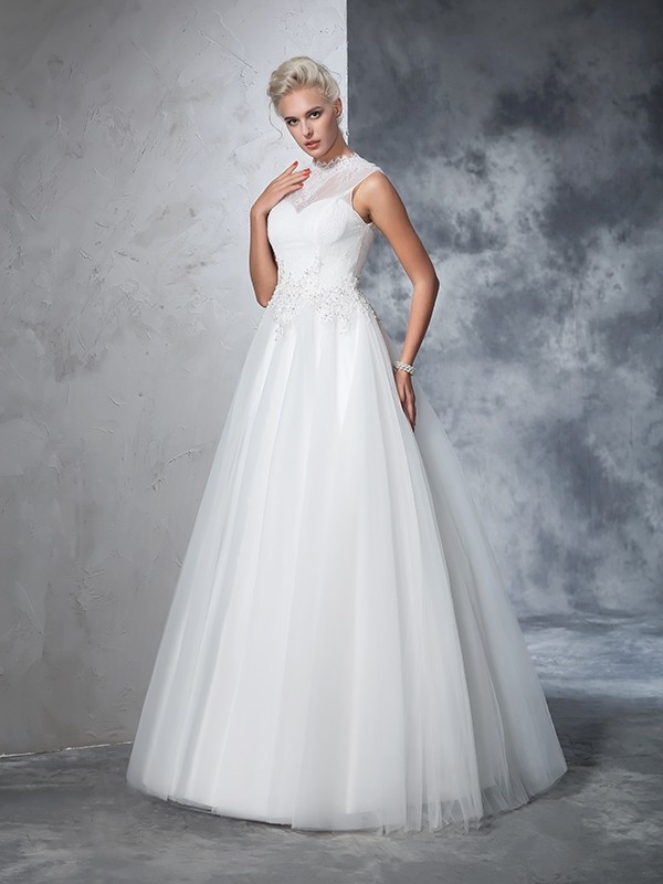 Ball Gown High Neck Applique Sleeveless Long Net Wedding Dresses 1896