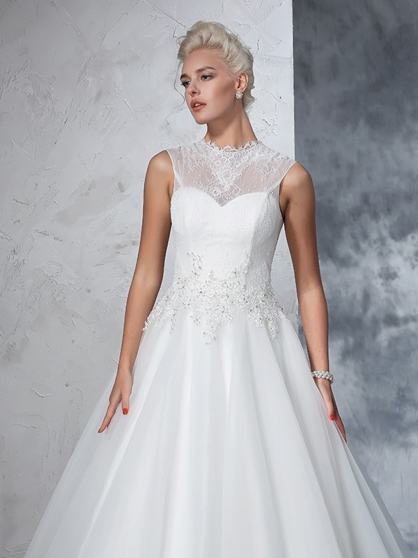 Ball Gown High Neck Applique Sleeveless Long Net Wedding Dresses 1896