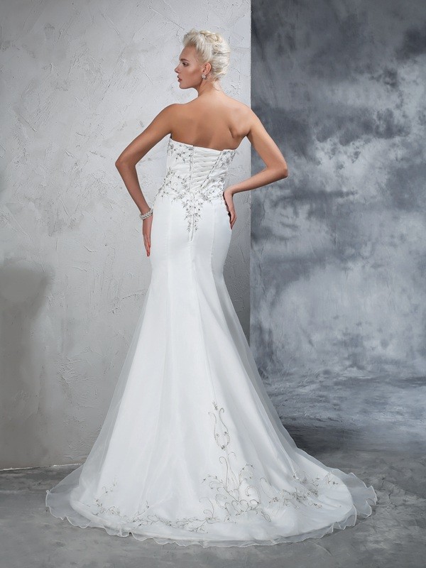 Trumpet/Mermaid Sweetheart Beading Sleeveless Long Satin Wedding Dresses 2034