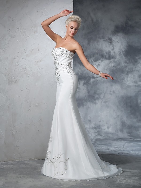 Trumpet/Mermaid Sweetheart Beading Sleeveless Long Satin Wedding Dresses 2034