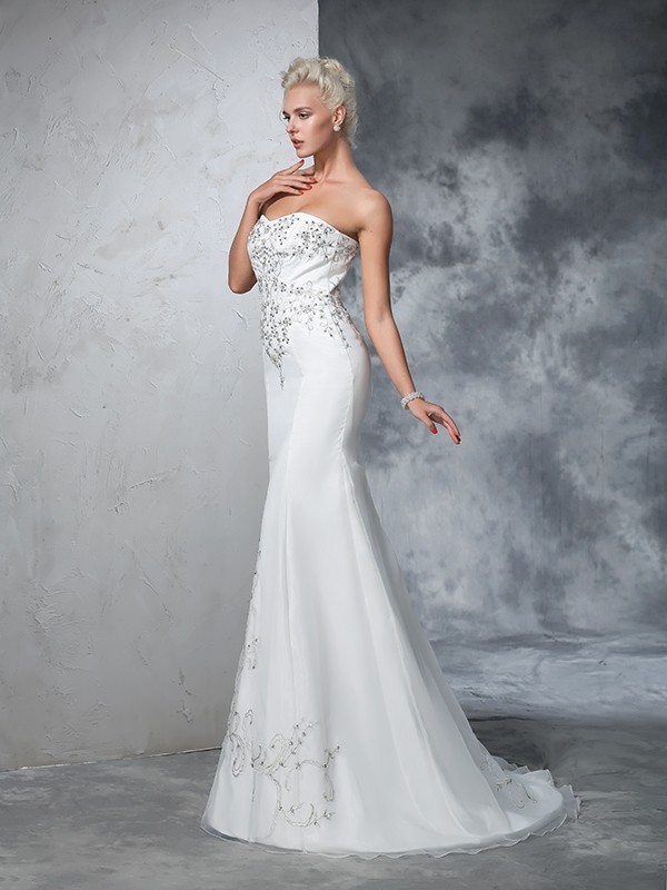 Trumpet/Mermaid Sweetheart Beading Sleeveless Long Satin Wedding Dresses 2034