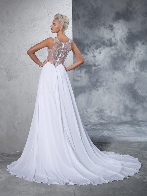 A-Line/Princess V-neck Beading Sleeveless Long Chiffon Wedding Dresses 1864