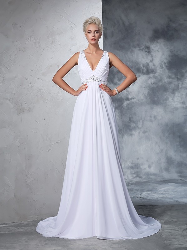 A-Line/Princess V-neck Beading Sleeveless Long Chiffon Wedding Dresses 1864