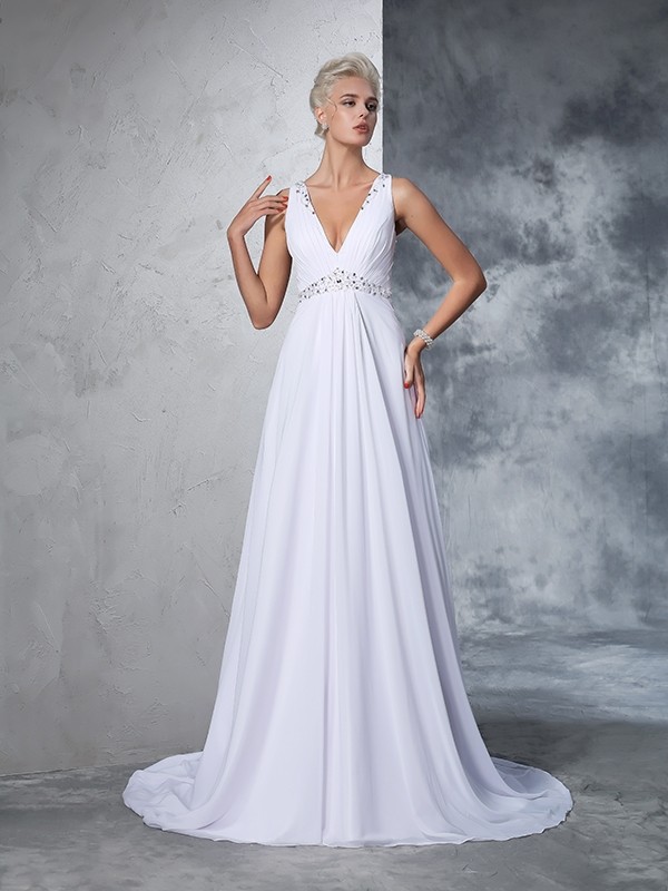 A-Line/Princess V-neck Beading Sleeveless Long Chiffon Wedding Dresses 1864