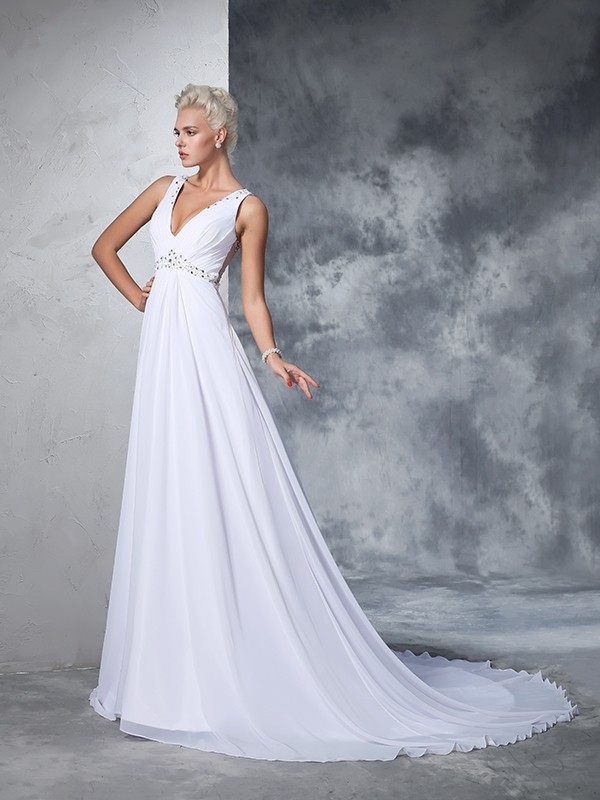 A-Line/Princess V-neck Beading Sleeveless Long Chiffon Wedding Dresses 1864