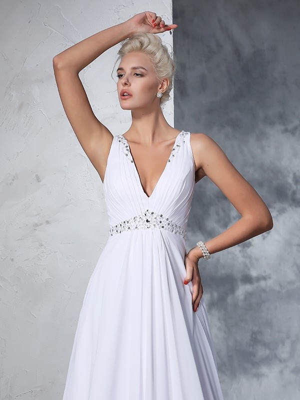 A-Line/Princess V-neck Beading Sleeveless Long Chiffon Wedding Dresses 1864