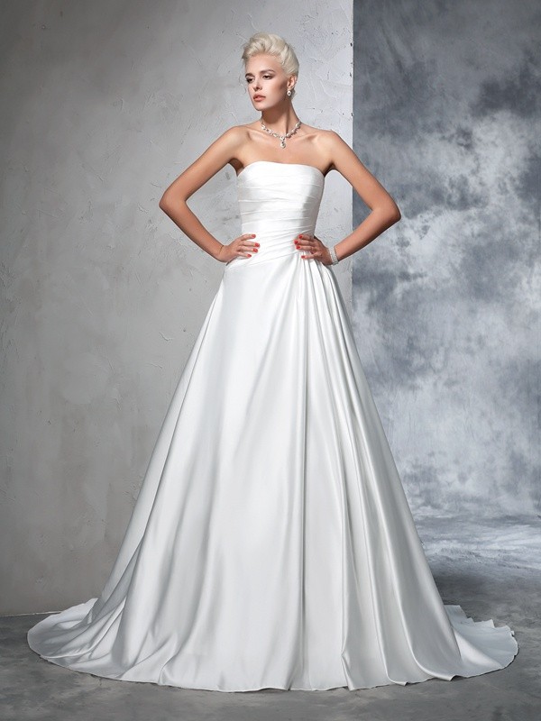 Ball Gown Strapless Ruched Sleeveless Long Satin Wedding Dresses 1268